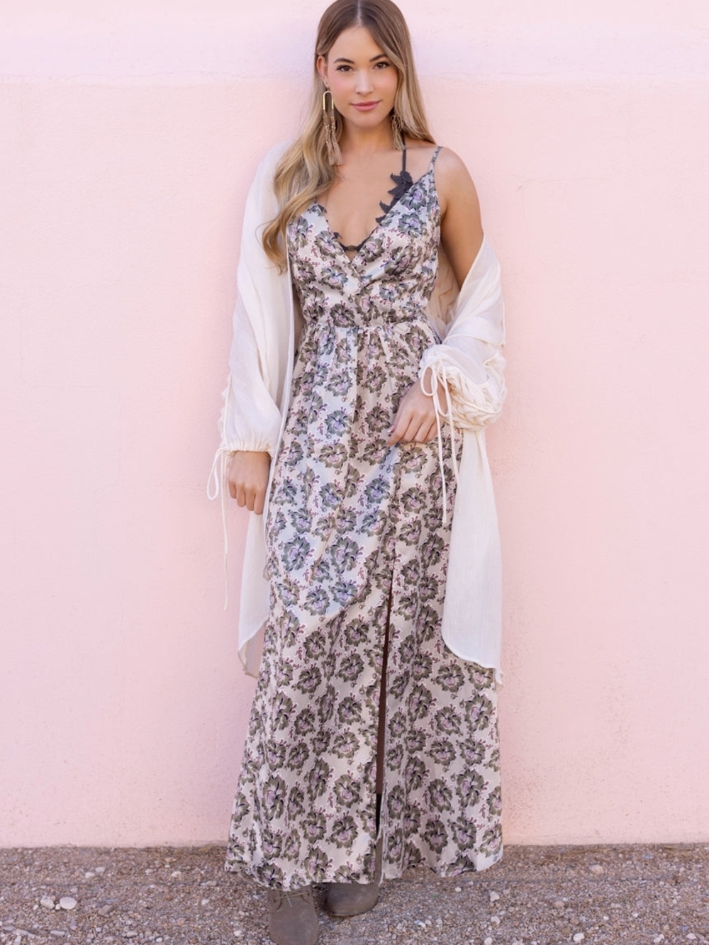 NWT Joyfolie Mauve Floral Maxi Dress with V-Neck Large - Picture 2 of 12